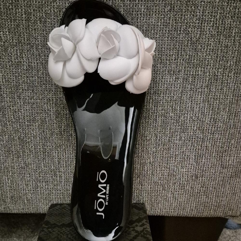 Jomo Black Slide Sandals with White Floral Accents